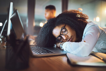 Poster - Woman, sleeping and laptop on desk at night, mental health burnout and stress management. Female person, exhausted and professional nap in workplace, online glitch and employee resting in dream