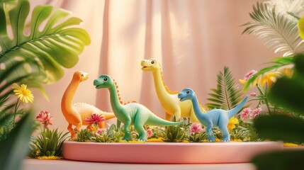 Sticker - Colorful dinosaur toys surrounded by flowers and greenery in a playful setting.