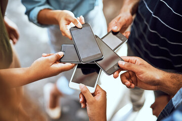 Poster - Group, hands and business people with phone screen in office, connectivity and mockup by above. Workplace, employees and teamwork with mobile for multimedia, share network and download by closeup