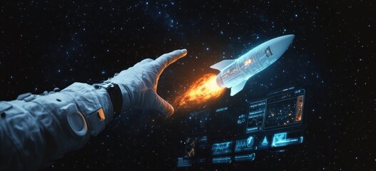 Wall Mural - an astronaut's hand reaches toward a rocket launching in space, with digital interfaces visible.