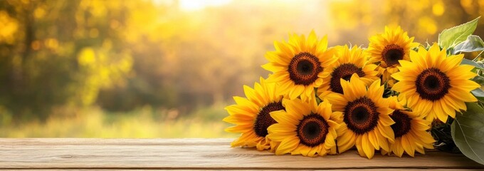 Sticker - A vibrant bouquet of sunflowers on a wooden surface with a blurred natural background.