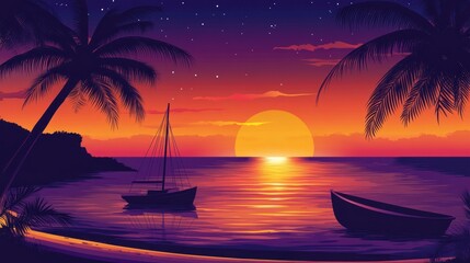 Poster - A vibrant sunset over a tranquil sea with boats and palm trees, evoking relaxation.