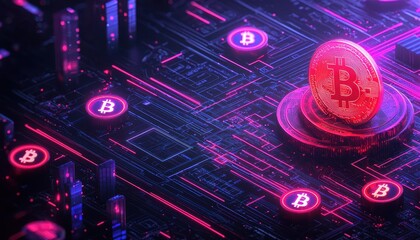 Aufkleber - Bitcoin digital currency concept, neon background