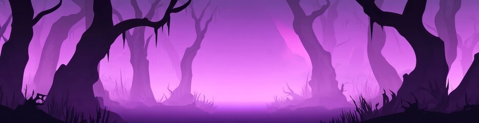 Wall Mural - A mystical forest scene with purple hues and silhouetted trees, evoking a surreal atmosphere.