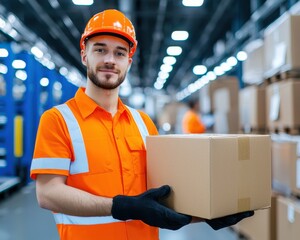 Poster - Warehouse worker carrying a cardboard box.