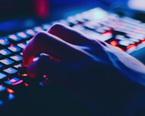 Leinwandbilder - Hand typing on a backlit keyboard