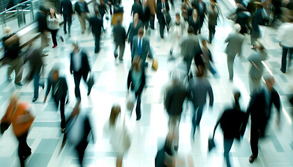 Stock photo of a crowd of business people walking through a bright office lobby, moving fast and blurring