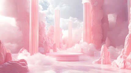 Wall Mural - dreamy pink landscape with towering columns and soft clouds, evoking a surreal atmosphere.