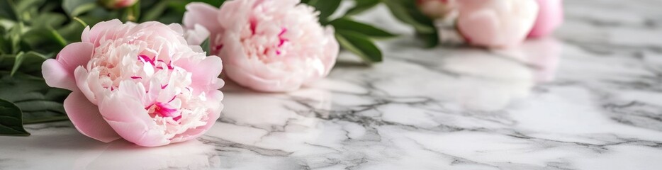 Canvas Print - A serene arrangement of pink peonies on a marble surface, evoking elegance and beauty.