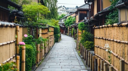 Canvas Print - Serene pathway lined with bamboo and greenery in a traditional setting.