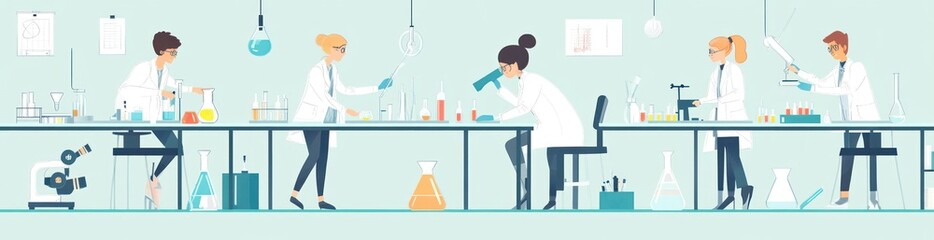 Poster - A laboratory scene with scientists conducting experiments and using various equipment.