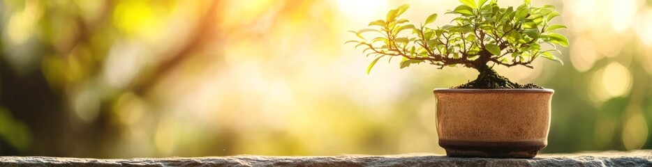 Canvas Print - A small bonsai tree in a pot, illuminated by warm sunlight, symbolizing tranquility and nature.