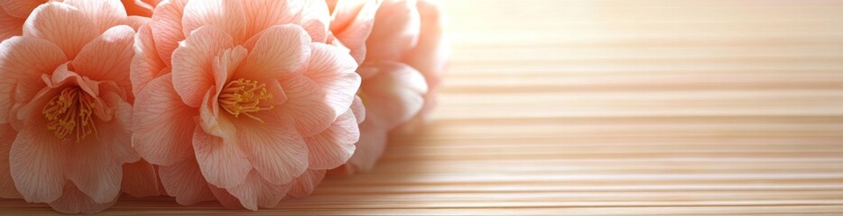 Wall Mural - Soft pink flowers arranged on a bamboo mat, creating a serene and calming atmosphere.