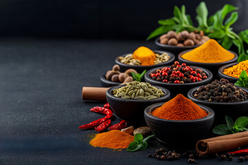 Collection of various fresh spices in bowls on black background with copy space