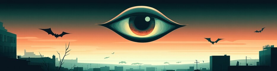 Poster - A surreal landscape featuring a large eye and bats against a gradient sky.