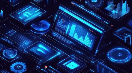 A digital interface showcasing data analytics and visualizations in a futuristic design.