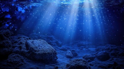 Wall Mural - Underwater scene with blue light rays illuminating rocky seabed and particles in water.