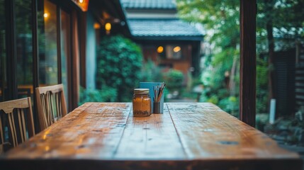 Canvas Print - A serene outdoor table with a jar and pencils, surrounded by greenery.