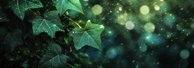 Poster - Lush green ivy leaves with a blurred, sparkling background create a serene atmosphere.