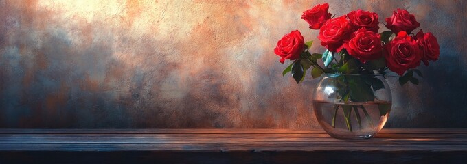 Poster - A vase of red roses on a wooden table with a textured background.