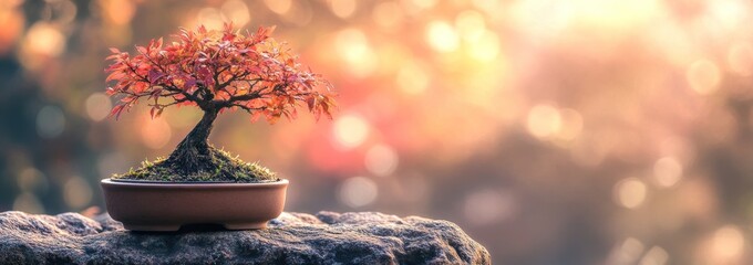 Poster - A serene bonsai tree with vibrant autumn leaves, set against a soft, blurred background.