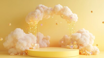 Wall Mural - A whimsical cloud arch with colorful decorations on a yellow background.