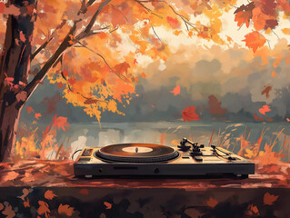 Old vinyl record player against autumn nature background with falling leaf