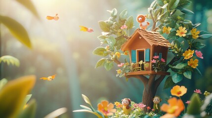 Poster - A whimsical treehouse surrounded by vibrant flowers and playful characters in a serene forest.