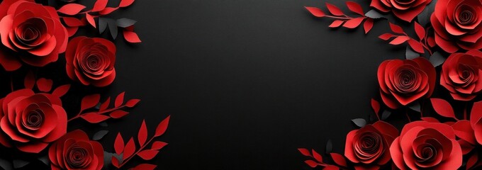 Poster - A decorative arrangement of red roses and leaves on a black background.