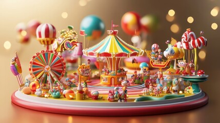 Poster - A vibrant miniature carnival scene with colorful attractions and playful characters.