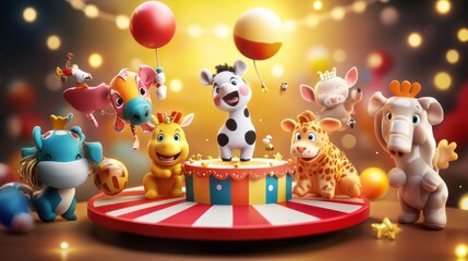 Sticker - A colorful circus scene featuring playful animal toys celebrating with balloons and confetti.