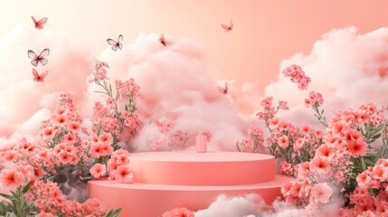 Canvas Print - A dreamy scene with pink flowers, clouds, and butterflies, creating a whimsical atmosphere.