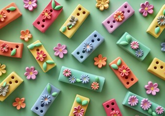 colorful fondant decorations, flowers, cake decor, vibrant colors, playful design, creative baking, party supplies, craft supplies, floral patterns, pastel tones