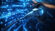 © sablengjago - Close-up of an electric vehicle charging cable plugged into a charging station, with a binary code background.