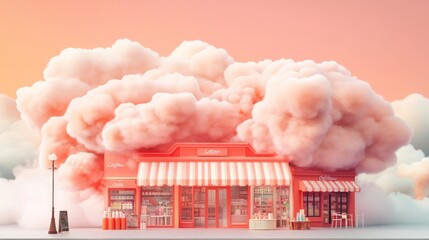 Wall Mural - a whimsical pastel shop surrounded by fluffy clouds, evoking a dreamy atmosphere.