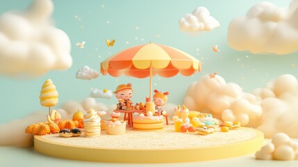 Poster - A whimsical scene featuring children enjoying a dessert picnic under a colorful umbrella.