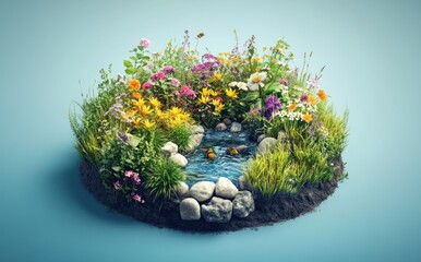 Wall Mural - A vibrant garden scene featuring a pond surrounded by colorful flowers and greenery.