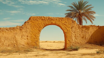 A Brick Archway in a Desert Landscape with a Palm Tree