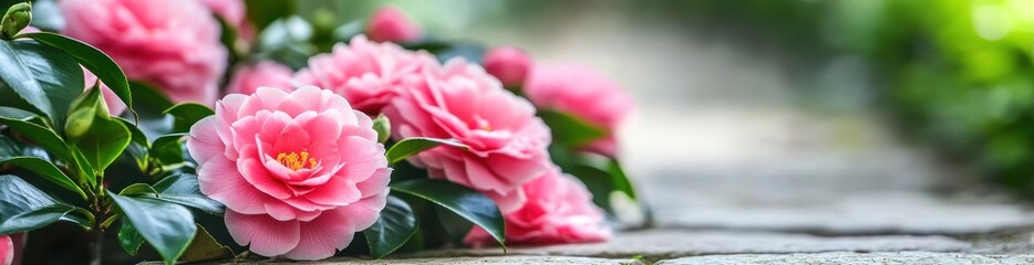 Wall Mural - A close-up of pink flowers blooming beside a stone path in a serene garden setting.