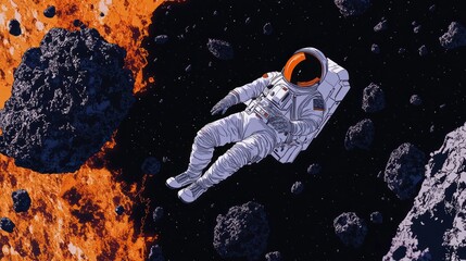 Wall Mural - an astronaut floats in space amidst asteroids and cosmic elements.