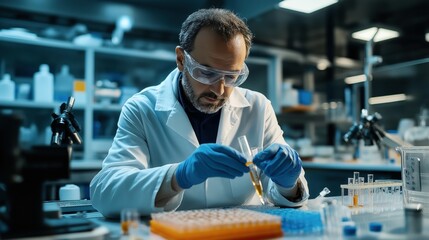 Sticker - Scientist in laboratory wearing lab coat and goggles conducting experiment with test tubes and pipette