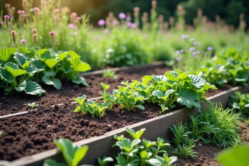 Organic Garden with Raised Beds and Blooming Flowers