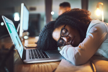 Poster - Woman, sleeping and laptop in office at night, mental health burnout and stress management. Female person, exhausted and professional nap in workplace, online error and employee resting in dream