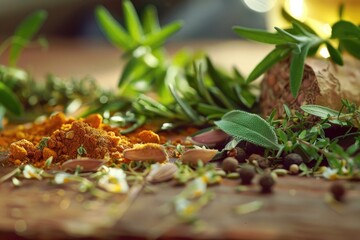 Poster - A wooden cutting board topped with fresh herbs and spices, ideal for kitchen or food styling use