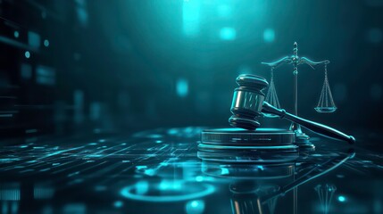 A gavel and scales of justice on a digital background representing the concept of online law, cybercrime, and digital justice.