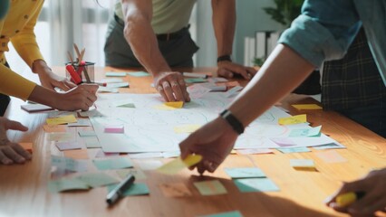 Close up of developer team using mind map to brainstorm idea. Top view of skilled group of business people working together writing marketing strategy by using markers and sticky notes. Symposium.