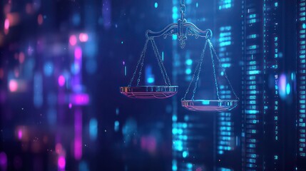 A 3D rendering of a scale of justice with a blurry background of a blue and purple digital cityscape.