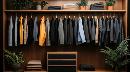 Modern wardrobe with assorted shirts and jackets neatly hung on wooden hangers, shelves with folded clothes and decorative plants.