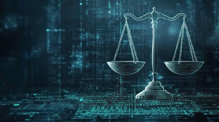 a silver scales of justice on a digital background.