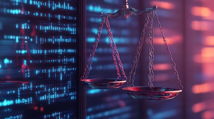 A close-up shot of scales of justice against a backdrop of digital code.